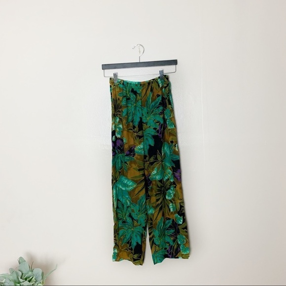 Vintage Women's Rayon Leaf Print Elastic Waist Wide Leg Pants - Picture 1 of 7